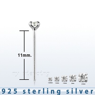 5pcs. 22G .925 Sterling Silver Prong Set Round Clear CZ Straight Nose Ring Stud