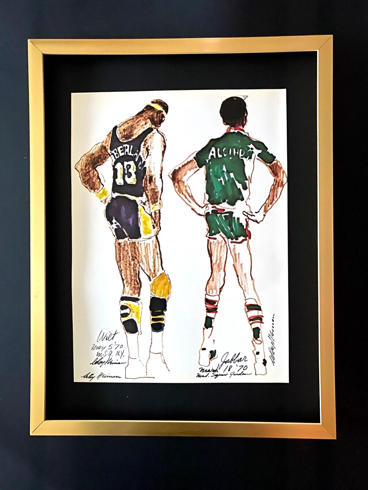 LEROY NEIMAN + WILT & JABBAR + CIRCA 1970'S + SIGNED PRINT FRAMED!