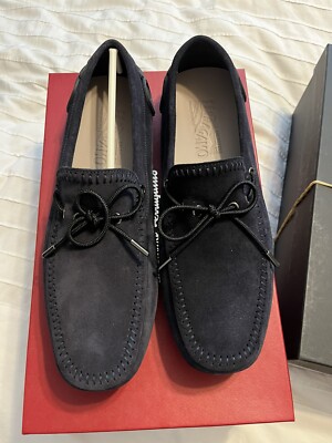 New Salvatore Ferragamo Atlante Blue Suede Men Drivers  display picture 3