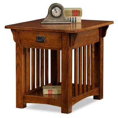 Rustic Mission Style End Side Table w/Drawer & Shelf, Slatted Wood, Oak & Ash