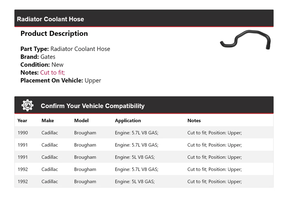 Manguera de refrigerante de radiador para Cadillac Brougham 1990-1992 puertas superiores 1991 Foto 2 de 4
