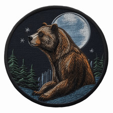 Grizzly Bear Patch Iron-on Applique Mountains Forest, Nature Scene, Moon  Stars