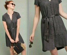 TINY Anthropologie Stone Harbor Gray Shirtdress Embroidered Dress M