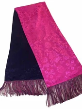 Shanghai Tang  Fringed Scarf Silk Jacquard Reversible Pink Navy