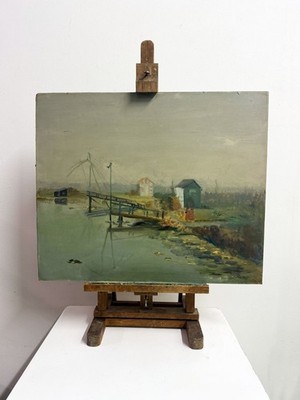 Vintage Ölgemälde italienische Landschaft Brücke & Flussufer Szene - signiert, 1970