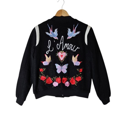 Dotti Wool Embroidered Bomber Jacket Sz 10 Retro Isp Rose Bird Swallow Butterfly