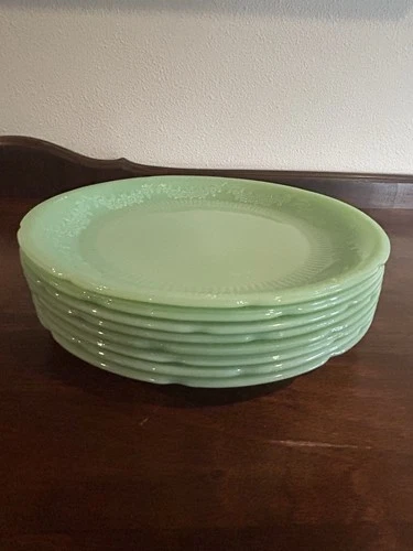 Set Of 8 Vtg Fire King Jadeite Dinner Plate 9 1/4” Alice Pattern, Anchor Hocking