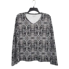 Croft Barrow Top Womens Medium Black Gray Brown Long Sleeve V-Neck Paisley