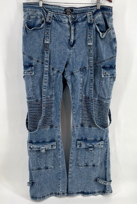 Social Collision Jeans Women Sz 20 Acid Wash Moto Suspender Flare Low Rise 38''W