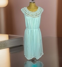 Vtg 60  s Adonna Aqua Babydoll Nightgown Lace Embroidery Ruffle Double Nylon