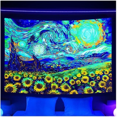 Neon Starry Night Sunflower Black Light Poster