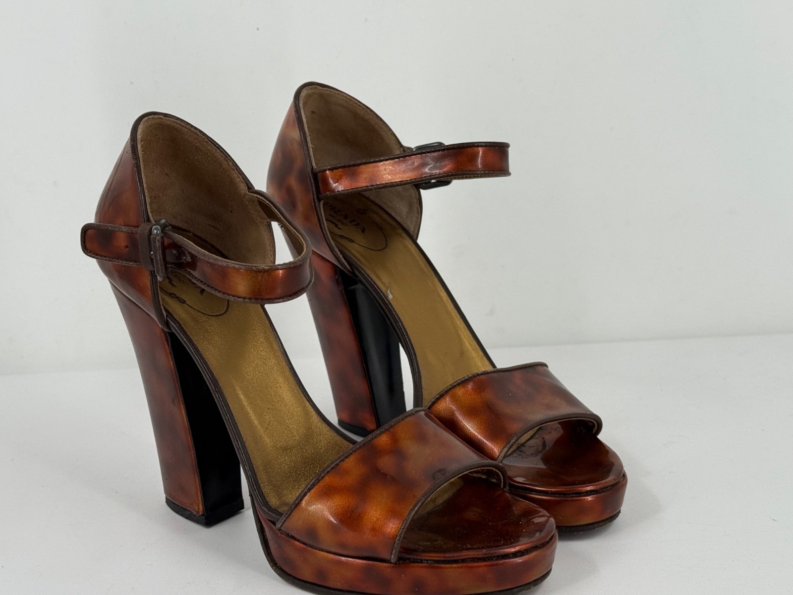 Prada Brown Tortoise Shell Leather Block Heel San… - image 11