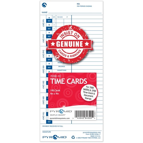 Pyramid™ 30% Recycled Time Cards for Pyramid Models 3500 & 3700, 4" x 9", Pac...