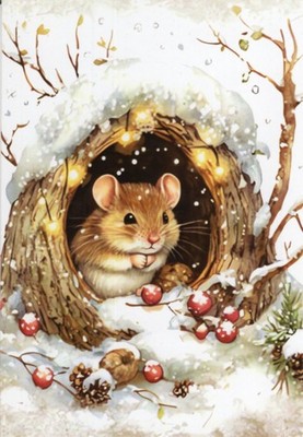 Grußkarte * Kunstlerkarte * Winter * Maus hat eine Girlandenkette in der Höhle