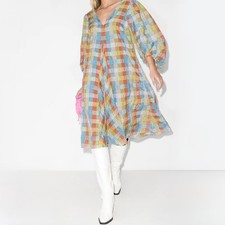 Ganni Blue Check Seersucker Puff Sleeve Mini Dress EU 34 XS AS IS