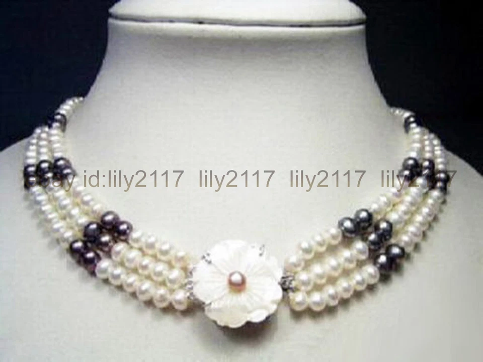Collar de perlas de agua dulce blancas negras naturales genuinas de 3 filas broche de flores concha Foto 4 de 4