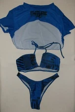 Romwe cyberpunk 3pc bikini swimsuit + cover top S M blue high-cut cheeky nip 80s