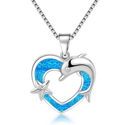 Hawaii Beach Blue Fire Opal  Dolphin Necklace Silver Filled For Women Girls