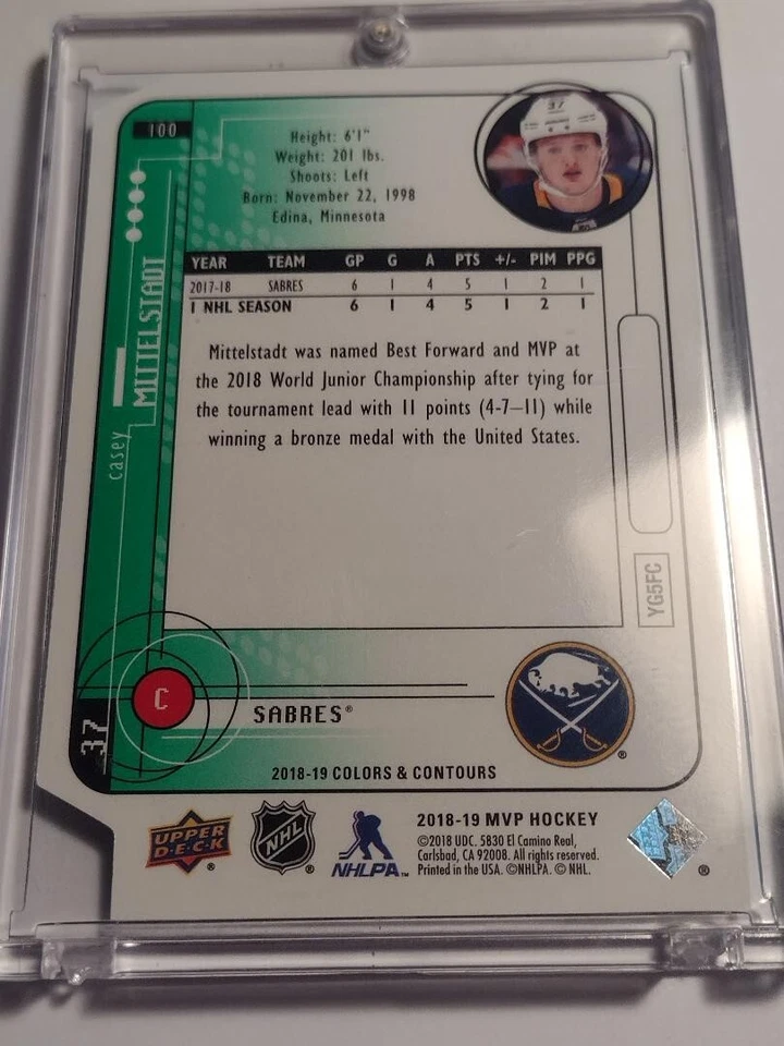 2018-19 Upper Deck MVP Tribute Colors & Contours Casey Mittlestadt #100 085/198 - Image 2 of 4