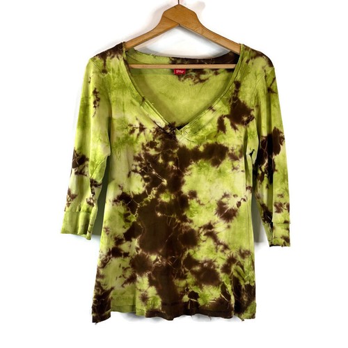 Glima Womens Shirt Top Size Large Brown Green Tie Dye Cotton V-Neck 3/4 Sleeve