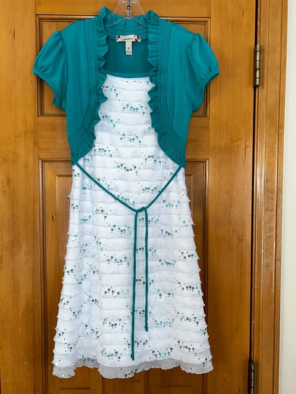 EUC Girls' Size 10 White Dress with Built-In Short Sleeve Cardigan