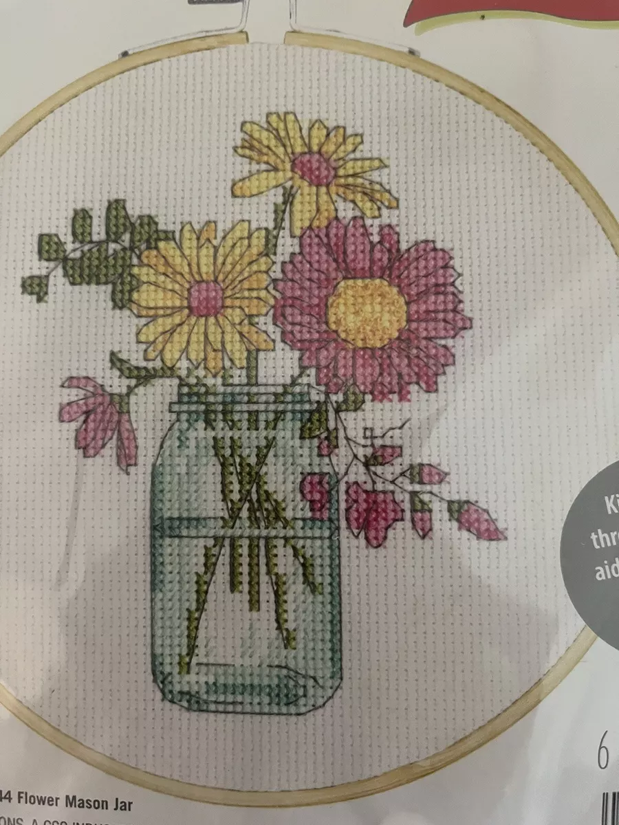 Dimensions small cross stitch kit sealed mason jar gerber daisies