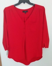 Fred David Women's  Red V-neck  2 Pocket Long Sleeve Blouse Size Med