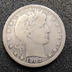 1907-S Barber Quarter 25C -90% Silver- San Francisco - Mintage 1,360,000 - VG-F