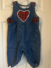 Vintage Baby Hopscotch Denim Overalls size 24 months plaid accent heart