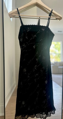 Vintage 90s Y2K Glitter Floral Black Midi  Dress Whimsigoth Fairycore Lace Sz S
