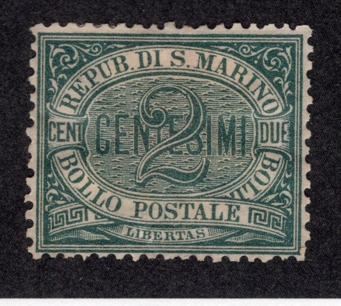 San Marino 1877 2c green, Scott 1 MH, value = $37.50