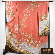 Vintage Japanese Silk Furisode Kimono Salmon Pink Floral Temari