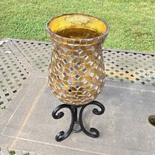Gold Mosaic Glass Candle Holder with Black Metal Stand, Geometric Modern Design
