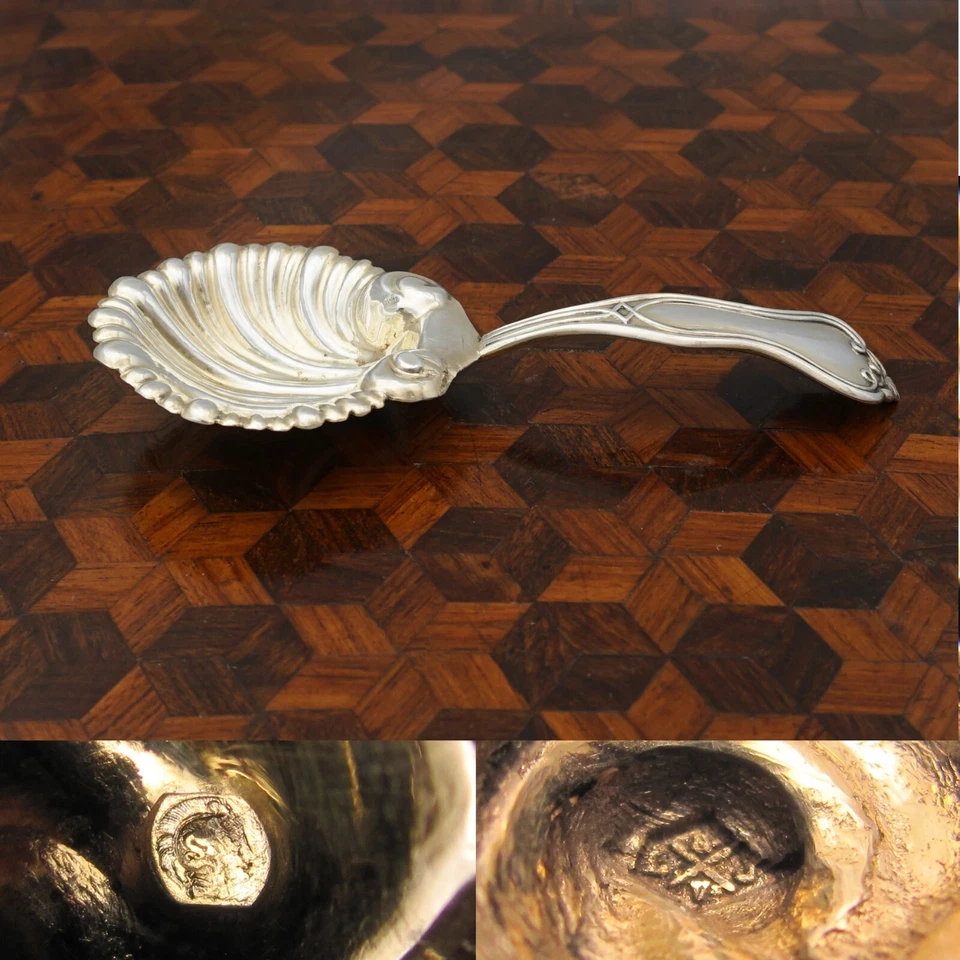 Antiguo carrito de té francés plateado cuchara, cuchara, tazón festoneado Foto 2 de 4