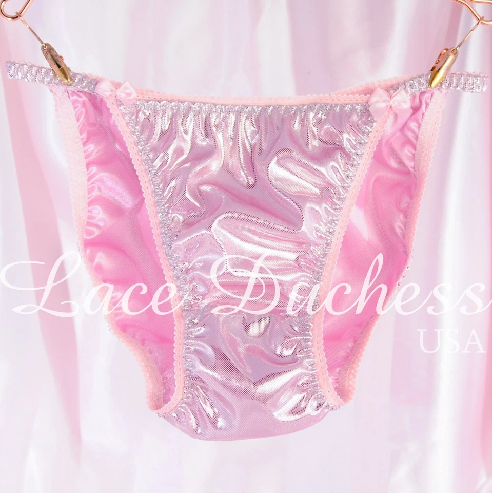 Vintage 80s style Metallic Foil sissy Pink shiny string bikini Panties sz 5-8 - Image 3 of 4