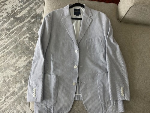 Men’s Brooks Brothers Seersucker Blazer Men's Large Blue White Striped - Afbeelding 1 van 8