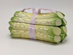 Vintage Herend Asparagus Trinket Box Pink Ribbon Porcelain