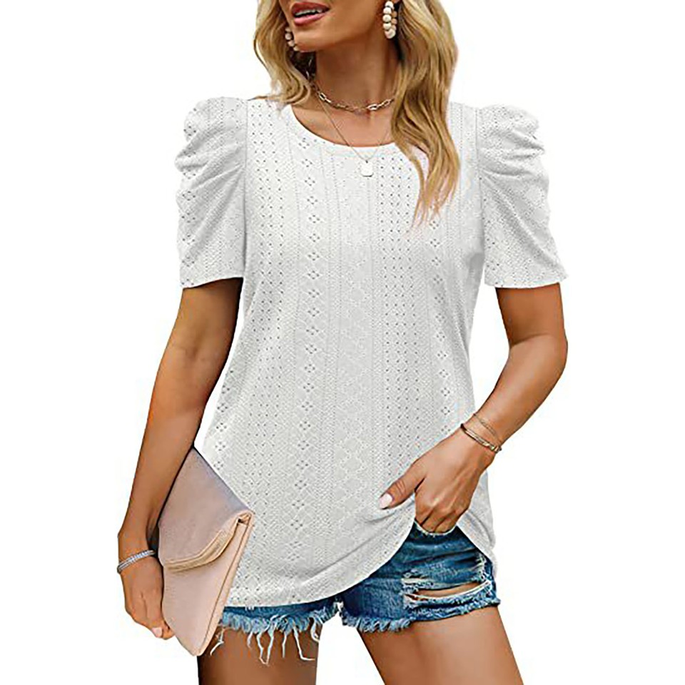 Puff Sleeve Blouse Round Collar Short Sleeved Pure Color Loose Tunic