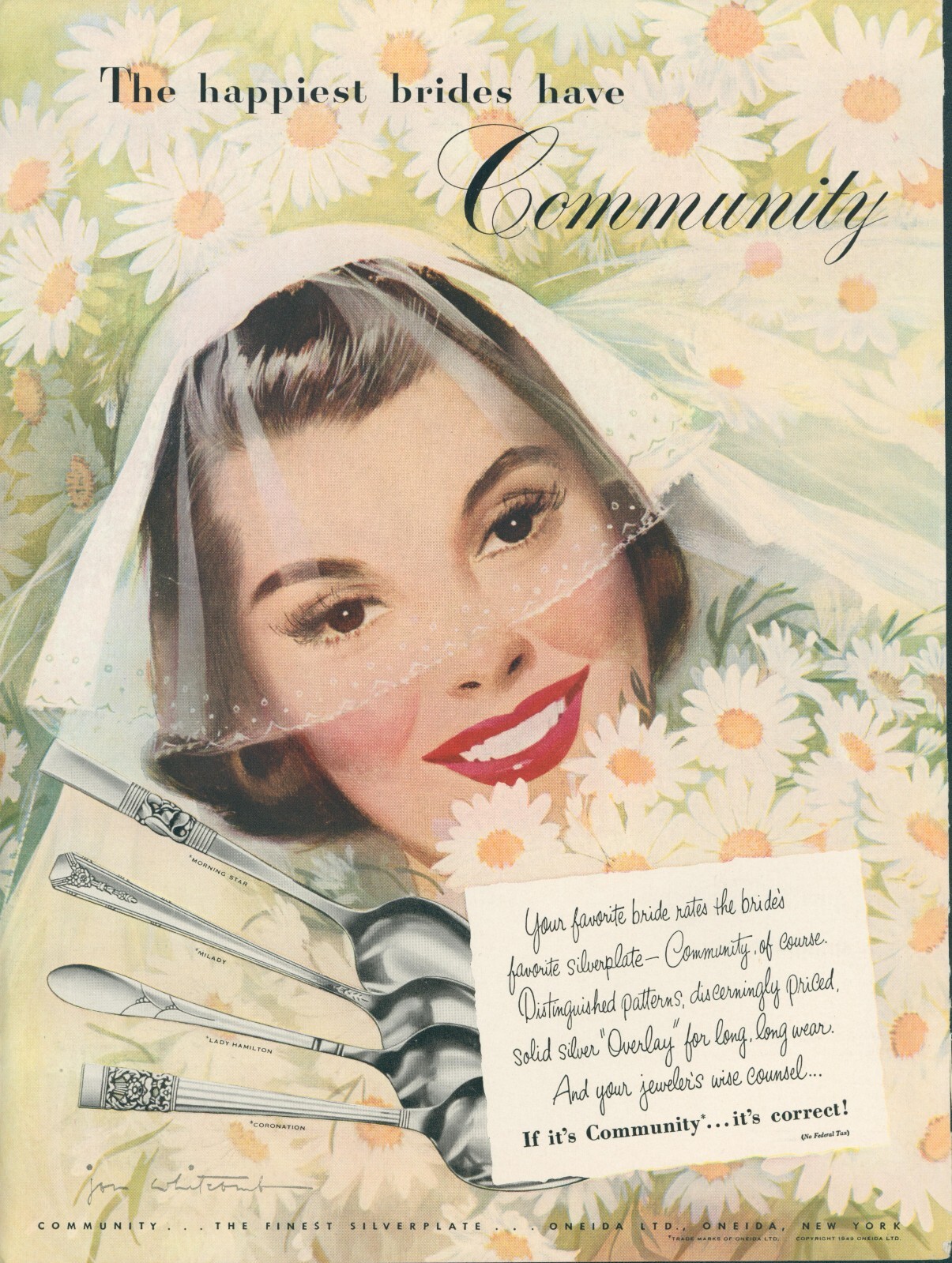 1949 Oneida Happy Bride Vintage Silverplate Silverware Ad Community Pattern L2  