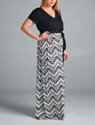 Plus Size Black White Two-Tone Faux Wrap Belted Maxi Dress XL 1X | eBay