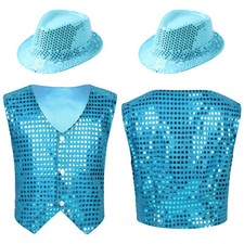 Kids Boys Girls Sparkly Waistcoat Top Fancy Choir Dance Vest with Hat Costume