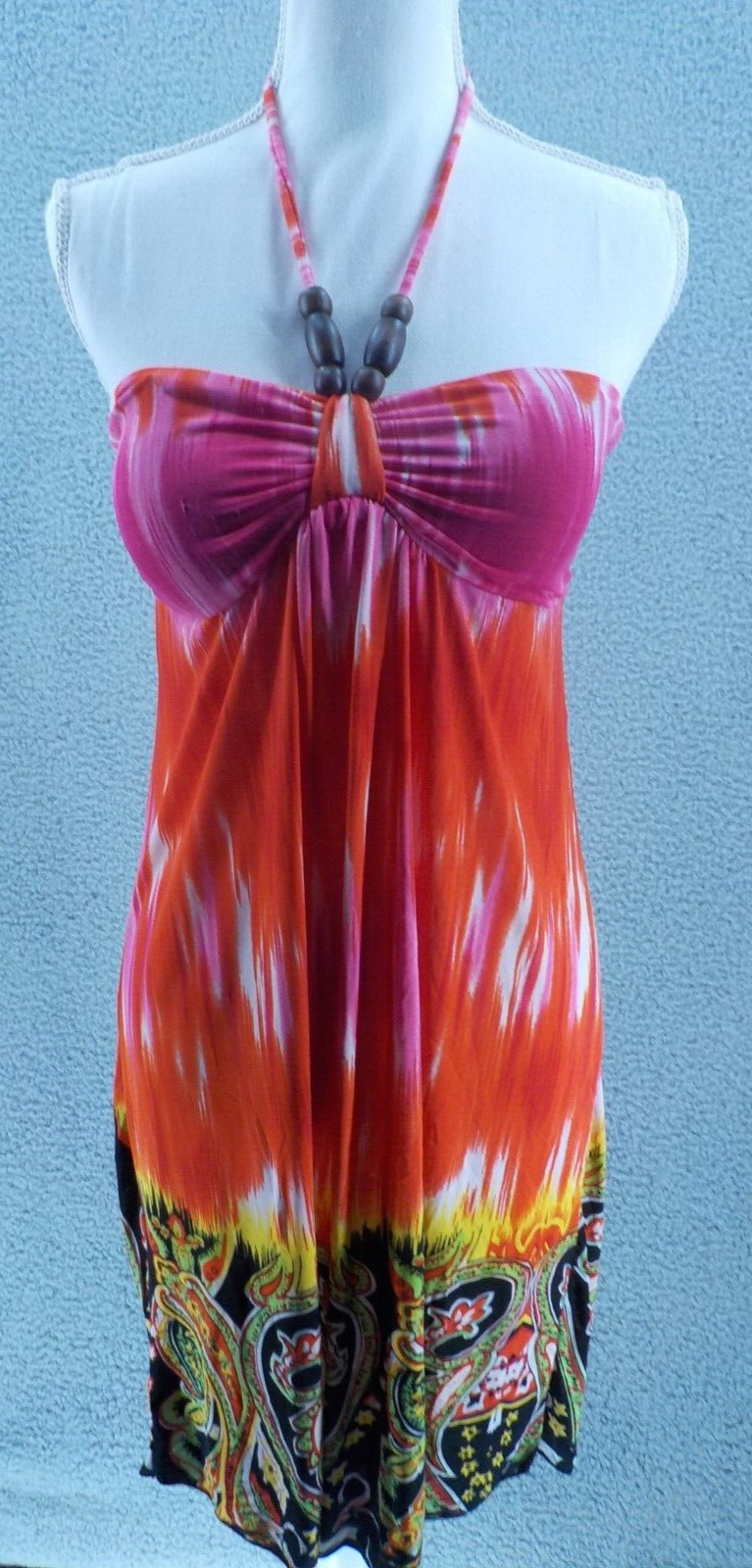 VESTIDO HALTER RAYA SUN PARA MUJER TALLA L MULTICOLOR BRILLANTE CUELLO HAWAIANO CUENTAS DE MADERA NUEVO CON ETIQUETAS