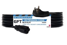 6 ft Angled Flat Plug Extension Cord 16/3 SJT 3 Prong 13 Amp Black Indoor