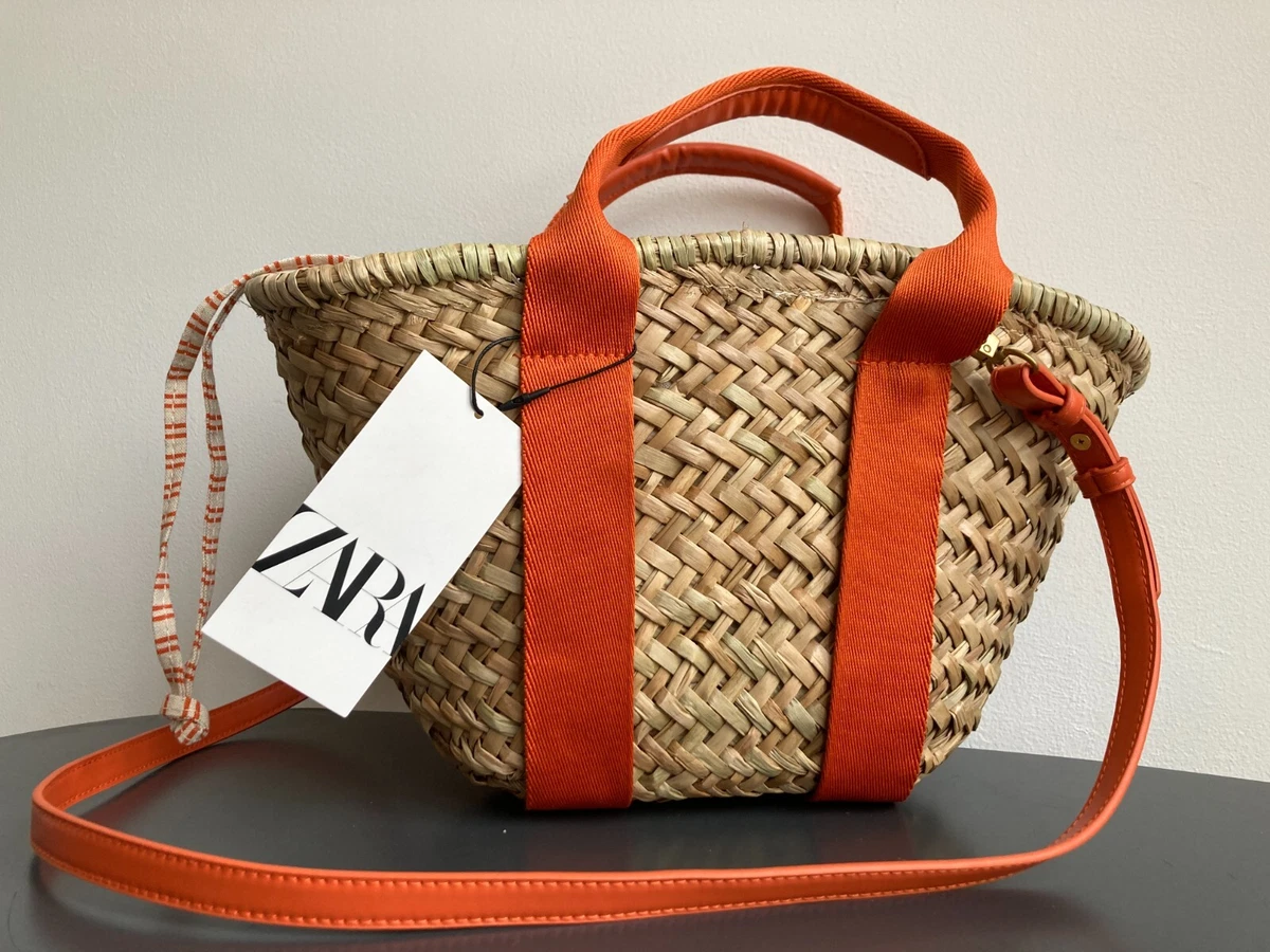 zara RAFFIA orange BASKET BAG crossbody strap handbag new with tags