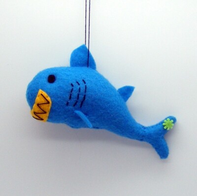 friendly shark, fish, hangable, aqua, 6.5''Long, Felt, Handmade, OOAK