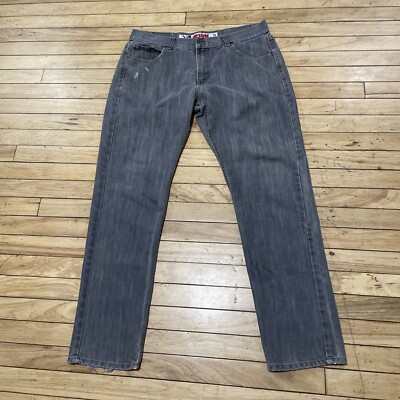 AKUMA Jeans Mens 36x32 Y2k Denim Straight Silver Wash Streetwear HipHop Denim