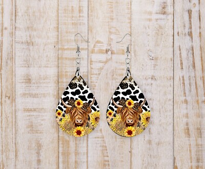Sunflower Highland Cow Handmade Wood Tear Drop Dangle Printed Earrings Jewelry