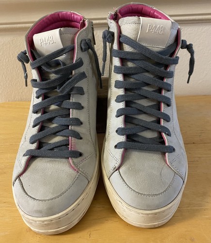P448 Skate High Top Zip Sneakers Gray Leather Shoe Pink Lining & Sole US Size 8