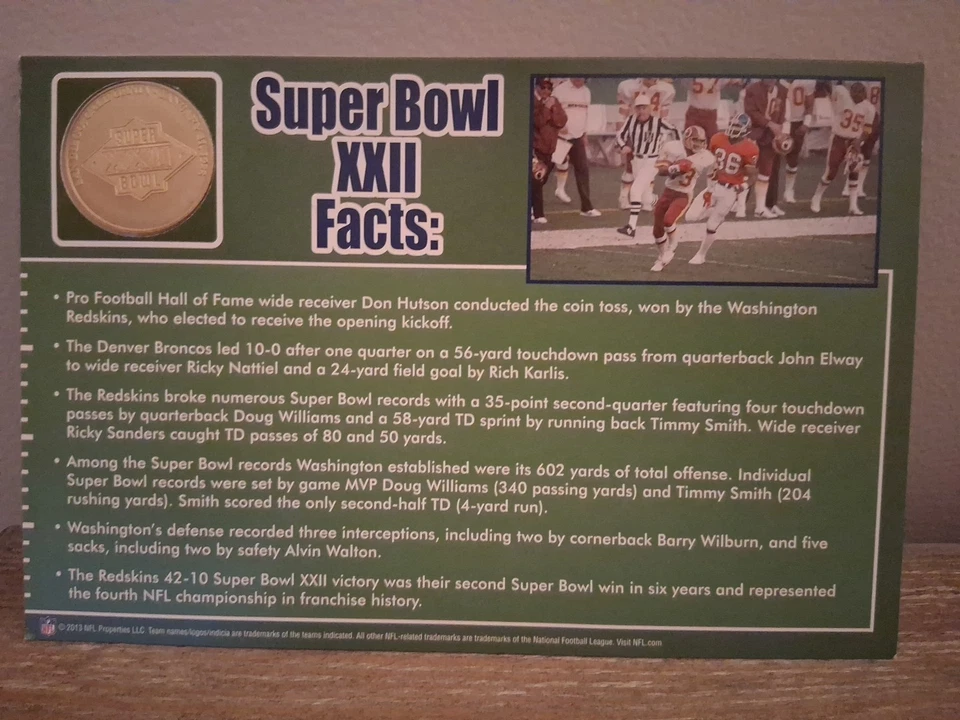 Moneda conmemorativa del Super Bowl XXII postal Jumbo Redskins Vs Broncos Foto 4 de 4