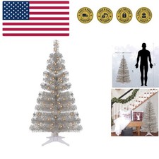4 FT Pre-lit Artificial Christmas Tree, Lighted Silver Tinsel Pencil Pine Spr...